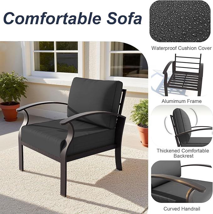 ALAULM Aluminum Patio Furniture Set with Coffee Table Rectangular，5-seat Outdoor Sectional Furniture w/Swivel Chairs，Patio Conversation Set for Porch, Backyard, Poolside-Black