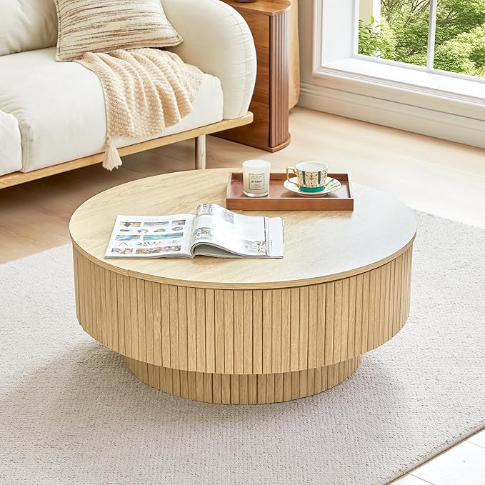 33" Round Coffee Table with Lift-Top & Flip-Top Storage, Modern Accent Fluted Coffee Tables with Metal Frame, Wooden Circle Center Table for Living Room Small Space Apartment Office (Natural)