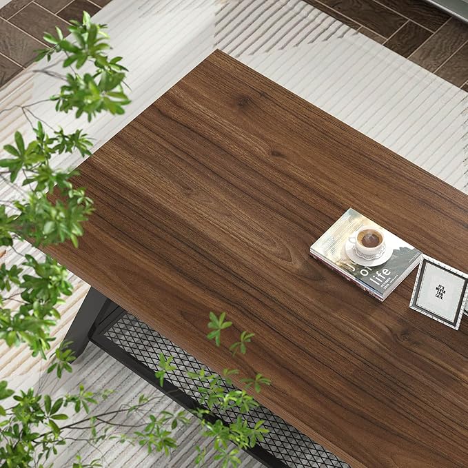 FOLUBAN Modern Coffee Tables for Lliving Room, Retro Wood and Metal Coffee Table with Storage, 2-Tier Industrial Rectangle Cocktail Tea Table, Walnut, 47 Inch