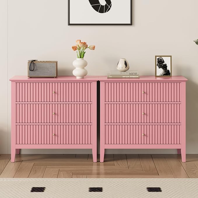 May in Color Large Pink 3 Drawer Dresser, Painted 30 Inch Tall Wood Nightstand with Storage, Wide Modern Chest of Drawers with Ball Bearing Slide for Bedroom Hallway Living Room Entryway Office - Image 9