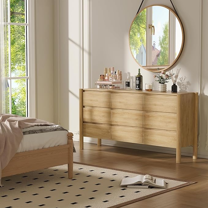CHUWELL 3-Piece Bedroom Dresser Set-9 Drawer Dresser & 2 Nightstands,63" Wide Dresser and Night Stands with Solid Wood Cylindrical Legs,Rustic Wooden Storage for Bedroom(Oak)