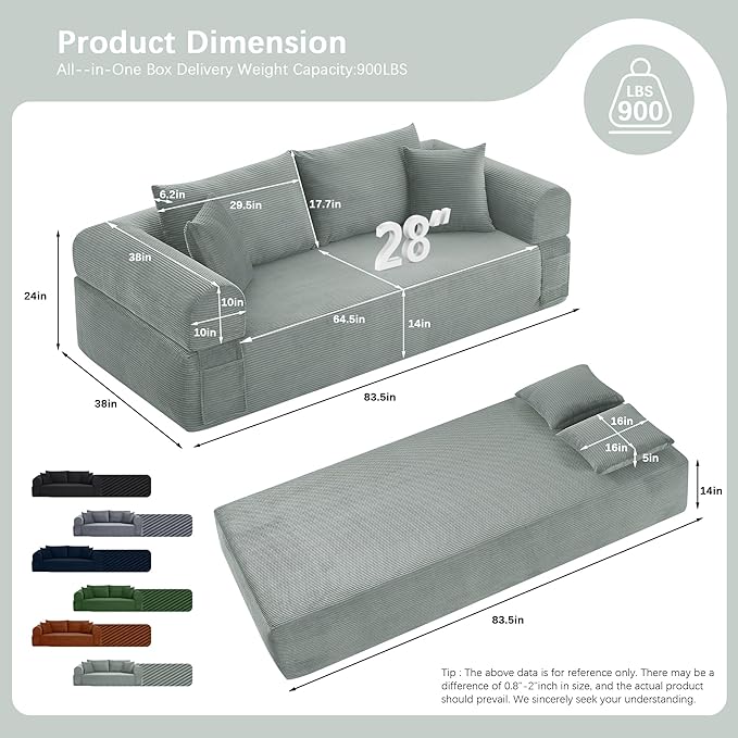 83" Modern Sofa in a Box, No Assembly Oversized 3 Seater 28" Deep Seat Cloud Sofa Bed Couch with 4 Furry Pillows & Corduroy Fabric, Boneless Couch with Side Storage Pockets for Living Room, Light grey