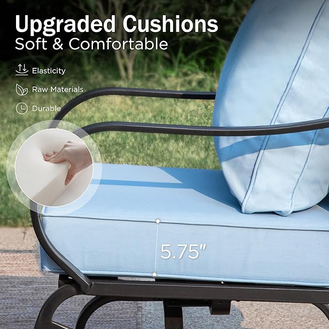 PHI VILLA 4 Piece Patio Furniture with Metal FirePit Table, 1 x 3-Seat Wide Deep Seating Bench & 2 x Swivel Sofa Chairs, 5.75" Thick Cushioned Outdoor Conversation Set for 5, Light Blue