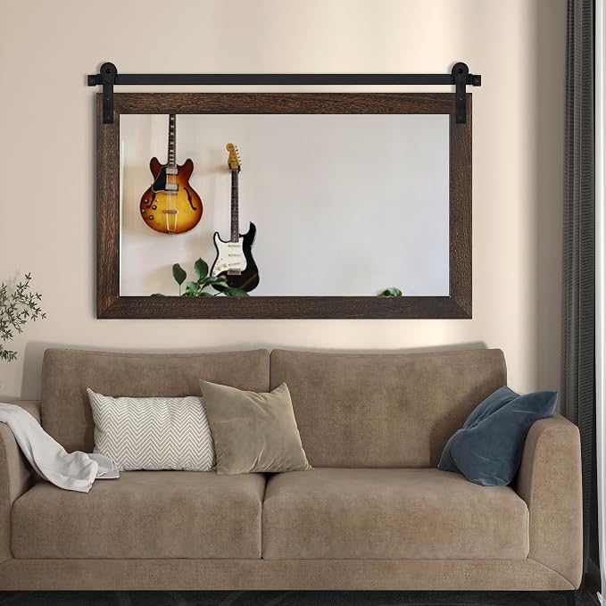 COGOOD Farmhouse Bathroom Mirror - 41" x 30" Rustic Barn Door Mirror for Living Room, Entryway, Bedroom, Vanity Wall Decor (Black Brown) - Image 2