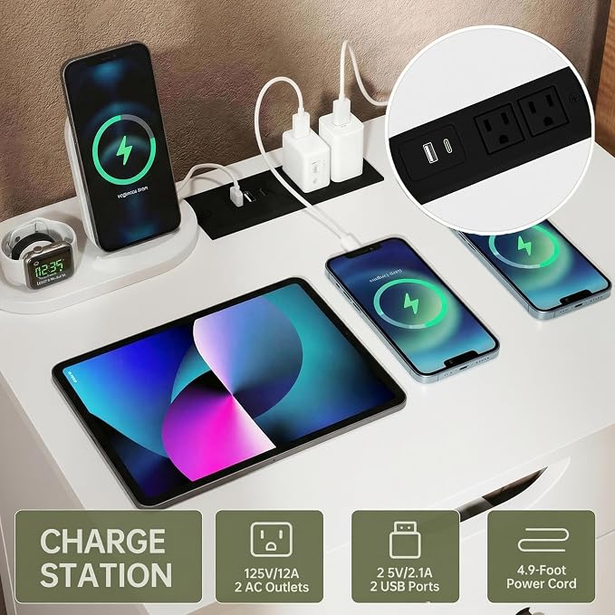 Modern Nightstand Set of 2 with Charging Station, Night Stand Wood Bedside Tables with 2 Storage Drawers, End Table for Bedroom, Office, Sofa, White - Image 6