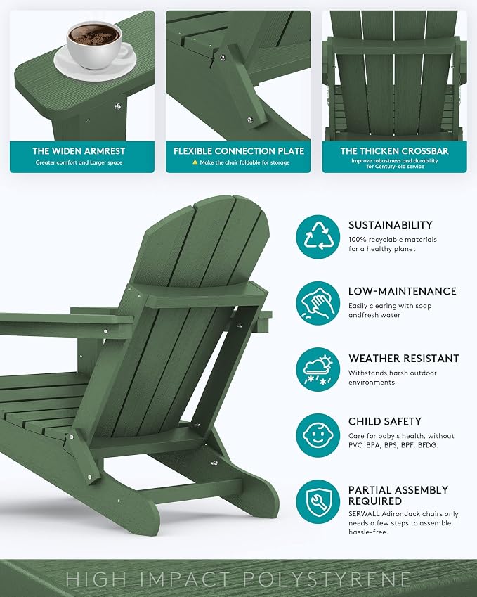 SERWALL Foldable Adirondack Chair with Cup Holder Set of 2 for Patio Garden Outdoors Fire Pit Chairs-Avocadogreen - Image 5