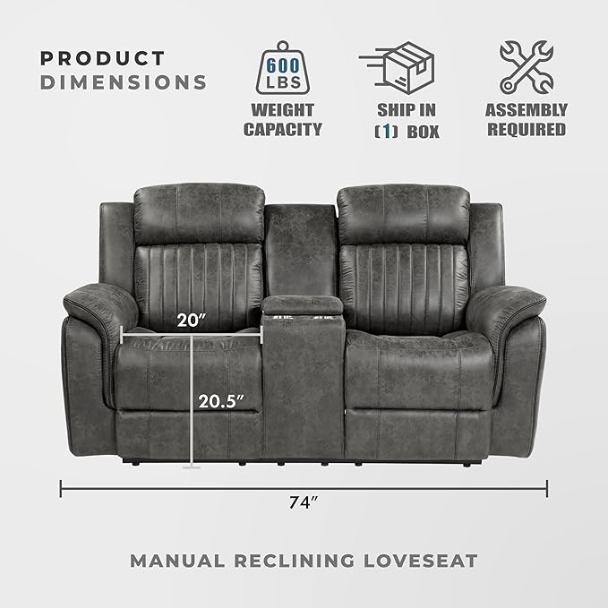 Lexicon 74" W Manual Double Reclining Loveseat with Center Console, Polished Microfiber Recliner Loveseat, Pillow Top Arms, for Living Room, Easy Assembly, Brownish Gray