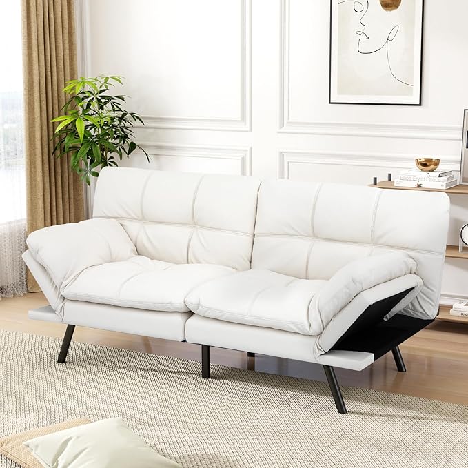 Vipbear Futon Sofa Bed Couch, 71" Convertible Sofa Bed, Space-Saving Loveseat with Adjustable Backrest & Armrest for Living Room,Apartment,Office,White Sleeper Sofa