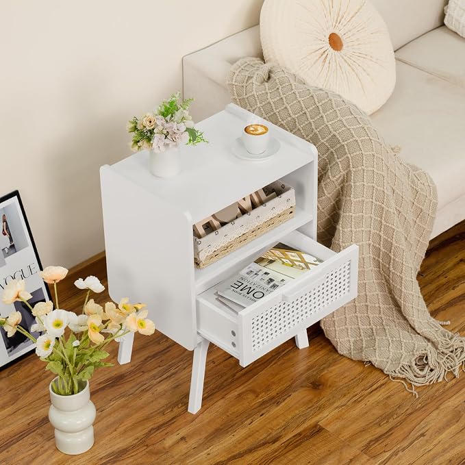 Lerliuo Rattan Nightstands Set of 2, Side Table with Drawer Open Shelf, Cane Accent Bedside End Table with Solid Wood Legs, Mid Century Modern Night Stand for Bedroom, Dorm and Small Spaces (White) - Image 4