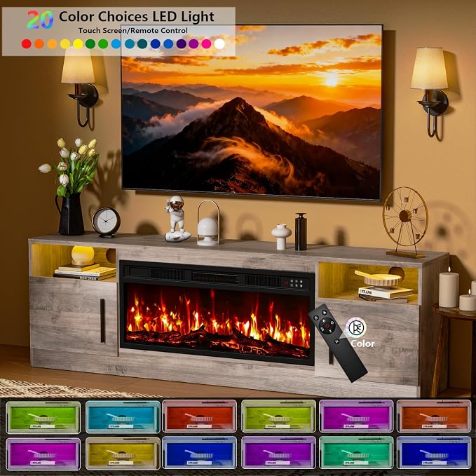 PRETZI Fireplace TV Stand with 36" Fireplace Up to 80" TVs, 70" Entertainment Center with LED Lights, Remote Control, TV Media Console with Storage Cabinets for Living Room, Gray - Image 5