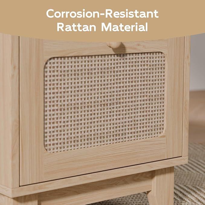 Modern Rattan Nightstand Set of 2, Wicker Rattan Stand with Drawer, Wooden Bedside Table for Small Spaces, Natural Wood Side Table for Bedroom - Image 6