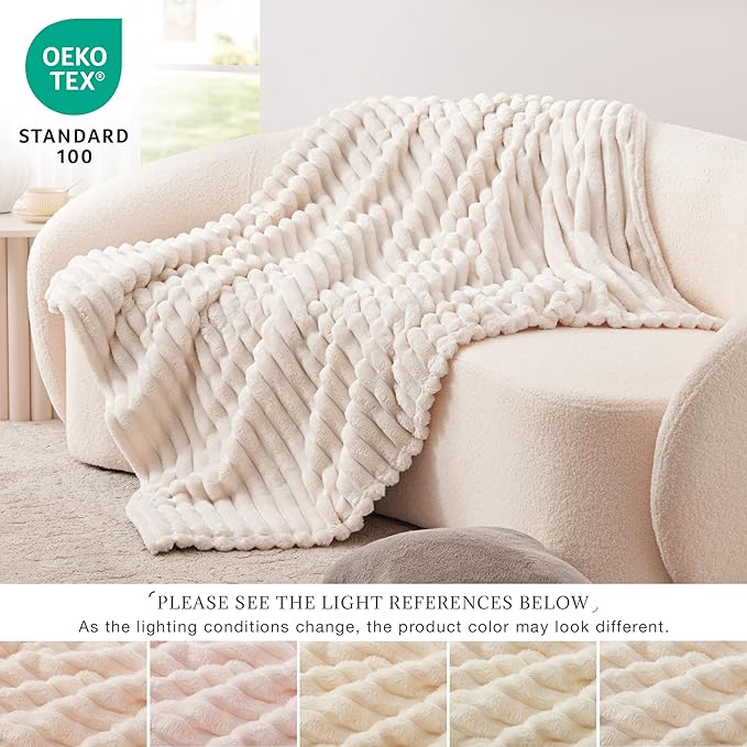 EXQ Home Fleece Blanket Twin Size for Couch or Bed - 3D Stripe Jacquard Decorative Blankets - Cozy Soft Lightweight Fuzzy Flannel Blanket Suitable for All Seasons(60"??80",Beige)