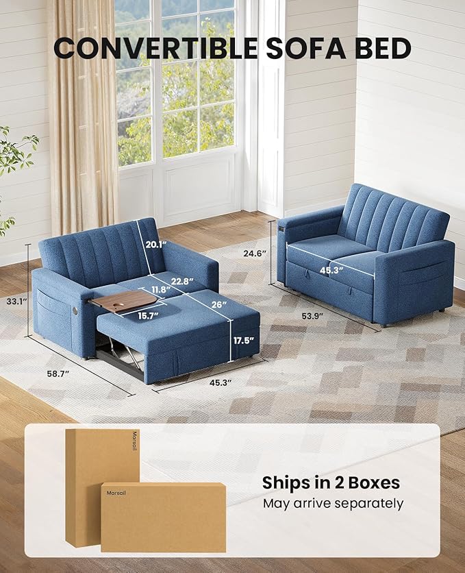 Marsail 3-in-1 Convertible Sofa Bed, 54" Sleeper Sofa with Solid Wood Side Table & Frame, Pull-Out Couch with USB Ports & Side Pockets, Loveseat Sofa with Adjustable Backrest, Blue