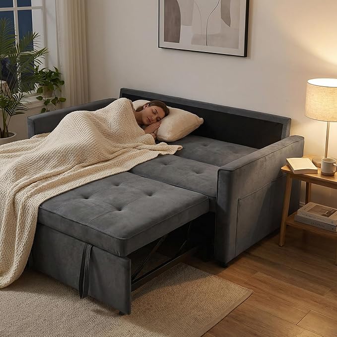 Casaphoria Pull Out Couch Bed, 3-in-1 Convertible Sleeper Sofa with Adjustable Backrest, Velvet Futon Loveseat with Side Pockets for Small Spaces, Living Room & Guest Room (Dark Grey)