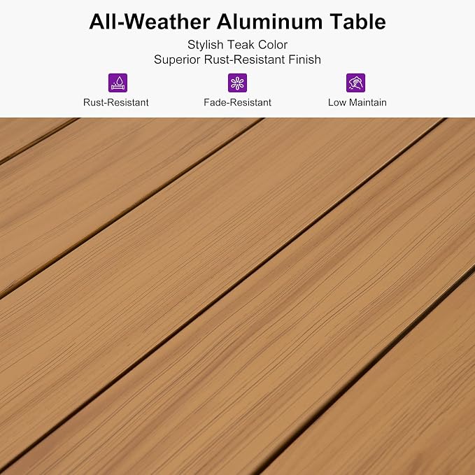 PURPLE LEAF 9 Pieces Outdoor Metal Furniture Set Patio Conversation Sets Wood Pattern Dining Set, 1 Dining Table and 8 Modern Chairs with Cushions Seat - Image 7
