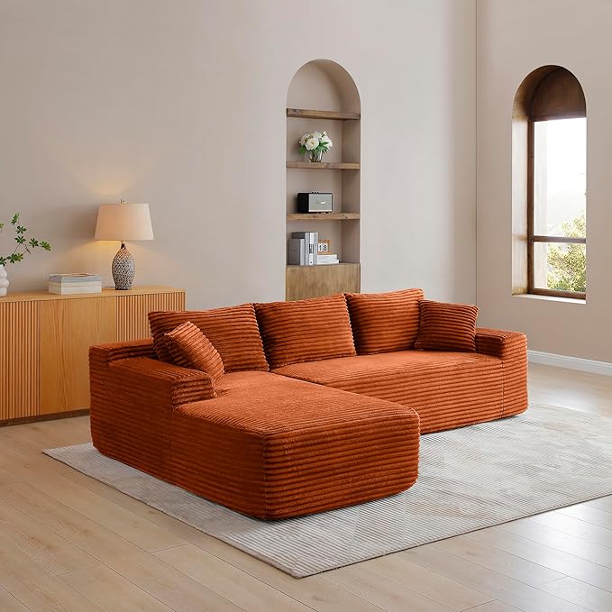 105-Inch L-Shaped Left Facing Corner Compressed Sofa Modular Sectional Boneless Cloud Sofa Floor Foam Couch with Chaise Lounge, Corduroy Corner Boneless Cloud Couch
