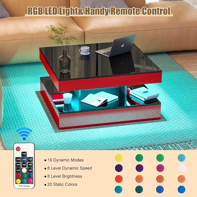 Red LED Coffee Table for Living Room, Living Room Table 2-Tier Square Modern High Glossy Contemporary Wood Coffee Tables with Storage, Tea Table for Dining Reception Room