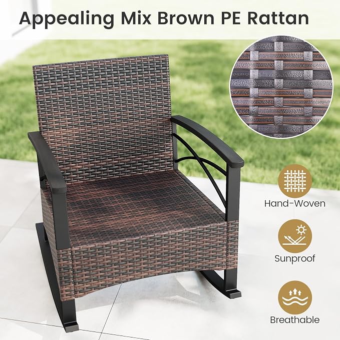 Tangkula 3 Piece Rattan Rocking Chair Set, Patio Rocker Bistro Set with Acacia Wood Tabletop & Armrests, 2 Outdoor Cushioned Armchairs w/Double-Tier Side Table for Porch, Balcony, Backyard - Image 4