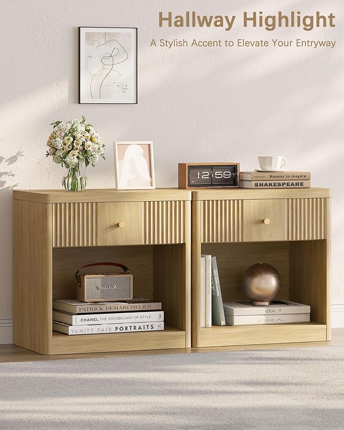 Night Stand Set of 2 Nightstands with Drawer, Large Modern Fluted Bedside Table End Table with Storage for Bedroom, Sofa, Office, Natural Oak - Image 5