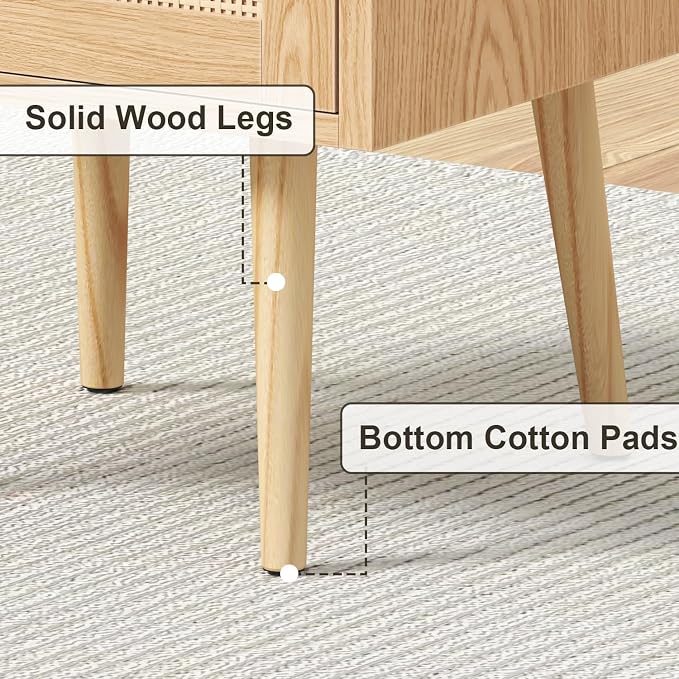 MECHYIN Nightstand with Charging Station & Rattan Decor Drawer, Boho Bedside End Table, Bed Side Table with Open Storage for Apartment Bedroom Living Room Dorm - Image 8