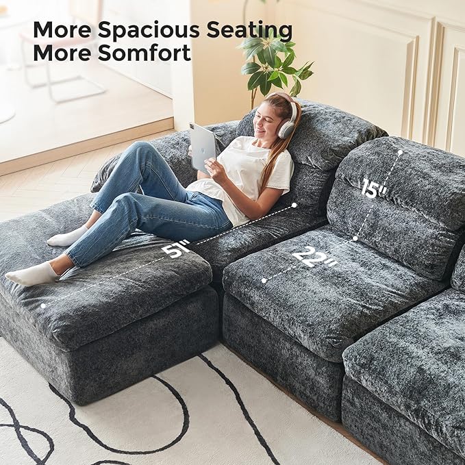 115.7" L Shaped Modular Sectional Sofa with Ottoman, Cloud Boneless Couch, Upholstered Sofa in a Box, Flexible Module Combination for Living Room, No Assembly, Grey