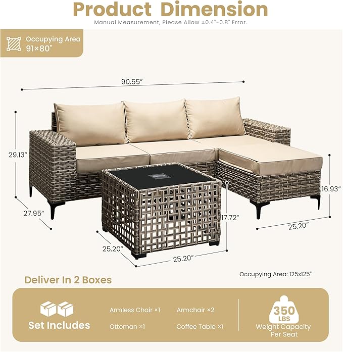 HOOOWOOO Outdoor Sectional Furniture Set with Solar Table,5 Pieces Wicker Patio Conversation Sets,L Shape All Weather Resistant Outside Couch Sofa Ottoman,Beige