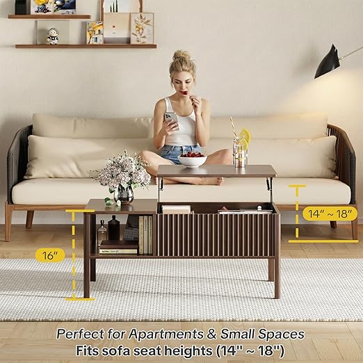Fluted Lift Top Coffee Table with Hidden & Open Storage, Rectangle Modern Coffee Table for Living Room, Smooth Hydraulic Lift, Large Capacity, Safe Round Corners, Easy to Clean, Vertical Grain-Brown