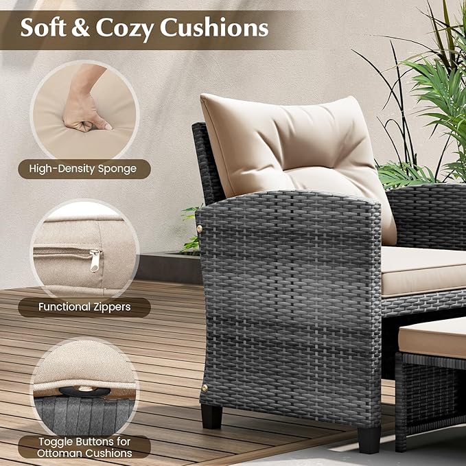 KOTEK 5 Pieces Patio Furniture Set with Ottomans, Wicker Patio Conversation Set with Coffee Table & Cushions, PE Rattan Outdoor Lounge Chairs for Backyard, Porch, Poolside (Mix Grey- Beige)