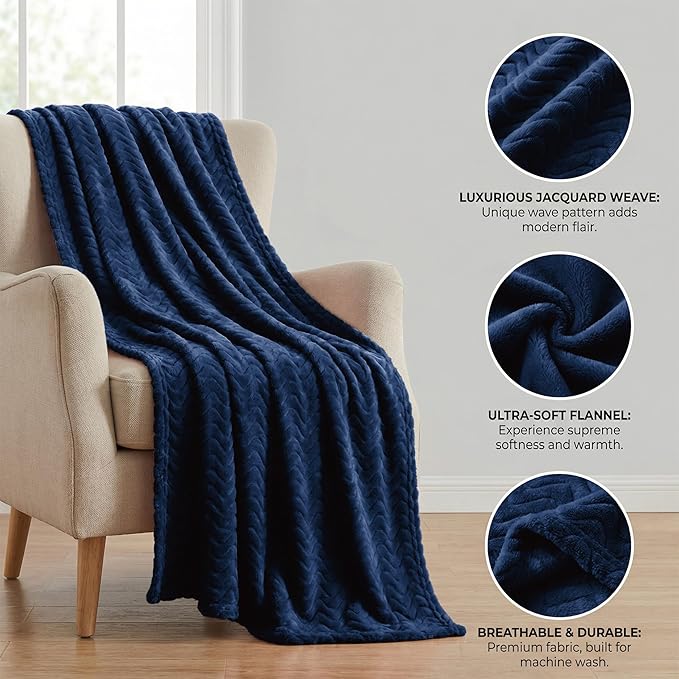Exclusivo Mezcla Soft Fleece Blanket King Size, Cozy Lightweight Blankets with Decorative Wave Textured Suitable for All Season Use, Navy Blue, 90x104 Inches