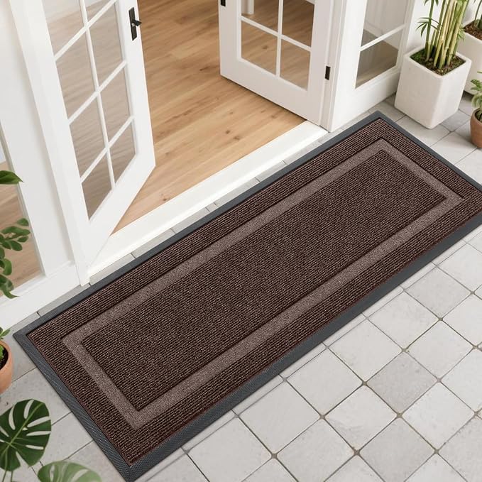 OLANLY Front Door Mat Indoor Outdoor Entrance, Waterproof All-Season, All-Weather Doormat, Sturdy Natural Rubber, Fade Resistant, Low Profile, Easy Clean Patio Porch Entryway Mat, 47x17, Dark Brown by OLANLY
