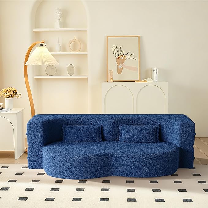 78" Convertible Sofa Bed, 2-in-1 Folding Floor Couch with 2 Pillows, Sleeper Sofa for Living Room and Bedroom, No Assembly Required (Blue, Teddy Fabric)