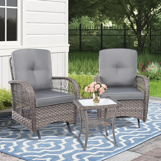 MEETWARM 3 Pieces Outdoor Patio Wicker Rocking Glider Set, Rocking Chairs Rattan Patio Furniture Sets with Glass-Top Coffee Table and Thickened Cushion, Conversation Bistro Set, Gray