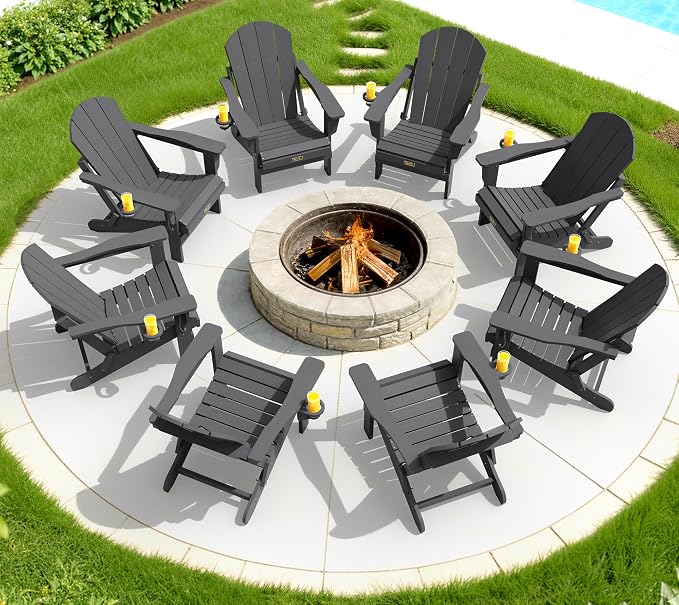 SERWALL Folding Adirondack Chair with Cup Holder Set of 6, Weather Resistant HIPS Lawn Chairs, Wooden Textured, Fire Pit Chairs for Backyard, Garden, Fire Pit- Gray - Image 8