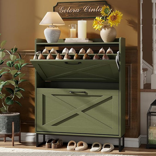 Maupvit Shoe Storage Cabinet with 2 Flip Drawers, Freestanding Shoe Organizer with Metal Legs for Entryway, Narrow Shoe Rack Cabinet, Green by MaupvitFurniture