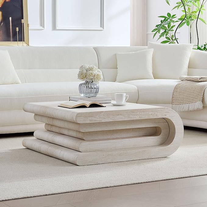 Square Coffee Table 33.86" Faux Marble Pattern Wood Center Table with Layered Base for Living Romm Apartment, No Need Assembly
