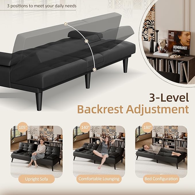 Shintenchi Futon Sofa Bed, Leather Foldable Couch, Reclining Sleeper with Removable Armrests, Upholstered Loveseat Sofa Couch with Folding Cup Holders for Home, Office(Black)