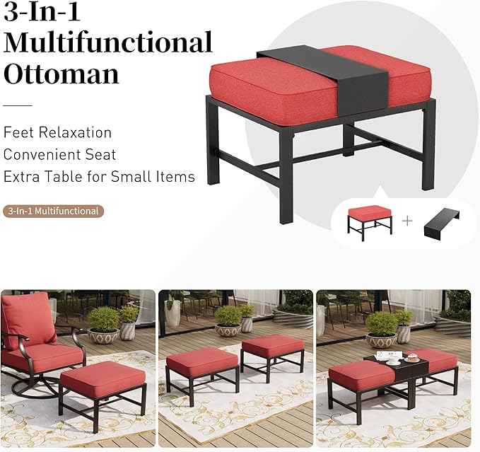 5 Piece Metal Outdoor Patio Furniture Sets, Patio Conversation Sets 1 3-seater Sofa, 2 Swivel Chairs, 2 Ottomans with 5.75" Thick Cushion, Black All-weather Backyard Furniture Set, Red