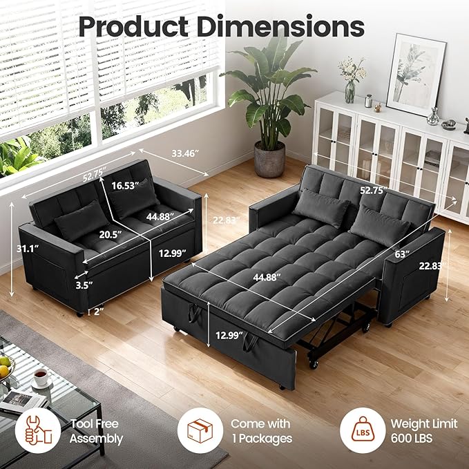 Pull Out Couch, Loveseat Sleeper Sofa Bed with Side Pockets, 3 in 1 Velvet Fabric Convertible Sofa Bed with Adjustable Backrest for Living Room, Bedroom, Apartment, Black
