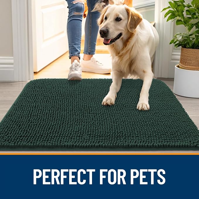 OLANLY Dog Door Mat for Muddy Paws 48x30, Absorbs Moisture and Dirt, Absorbent Non-Slip Washable Doormat, Quick Dry Chenille Mud Mat, Entry Indoor Entryway Carpet for Inside Floor, Blackish Green - Image 6