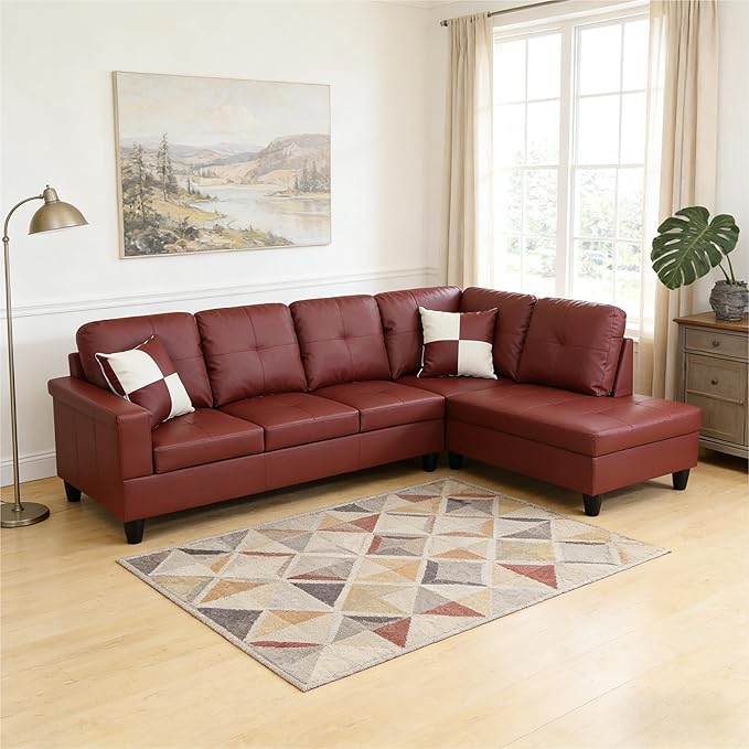 103.5 Inch Modern L-Shaped Couch, Faux Leather Sectional Sofa with Chaise Lounge, 4-Seater Couch with Accent Pillows for Living Room, Apartment, Dark Red