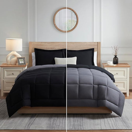 Nestl 3 Piece Quilted Down Alternative Comforter, King Size with 2 Pillow Shams, All Season Black/Grey Duvet Inserts