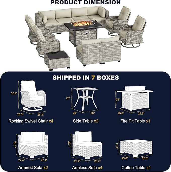 14-Piece Outdoor Patio Furniture Set with Rocking Swivel Chair, Wicker Rattan Sectional Sofa Conversation Set with 55,000 BTU Fire Pit Table, Backyard Furniture, White
