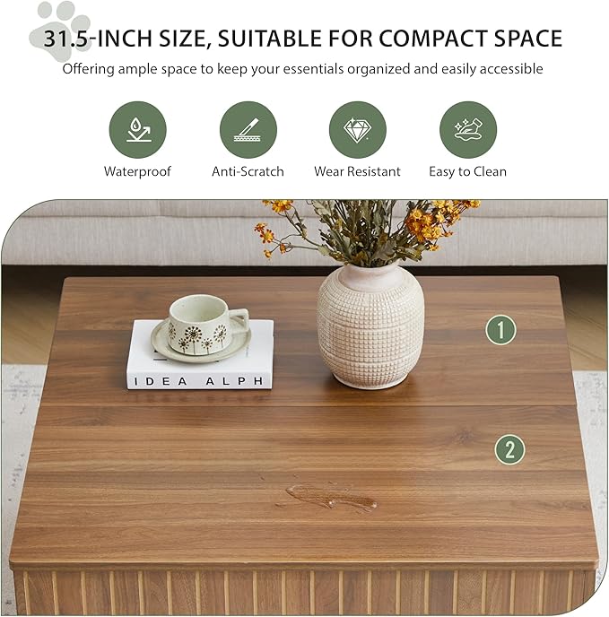 Square Coffee Table with Storage, 31.5" Hollow Cube Coffee Table, 2-Tier Mid-Century Modern Center Table with Arched Cutouts & Carved Lines for Living Room, Cat-Friendly Base (Walnut)