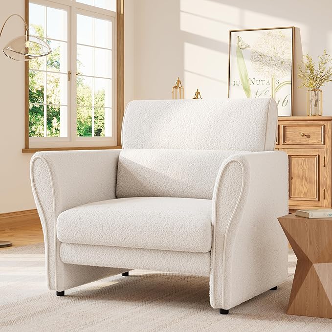 GarveeHome Modern Accent Chair, Boucle Upholstered Armchair for Living Room, Mid-Century Lounge Chair, Comfy Single Sofa for Bedroom, Office, Ivory