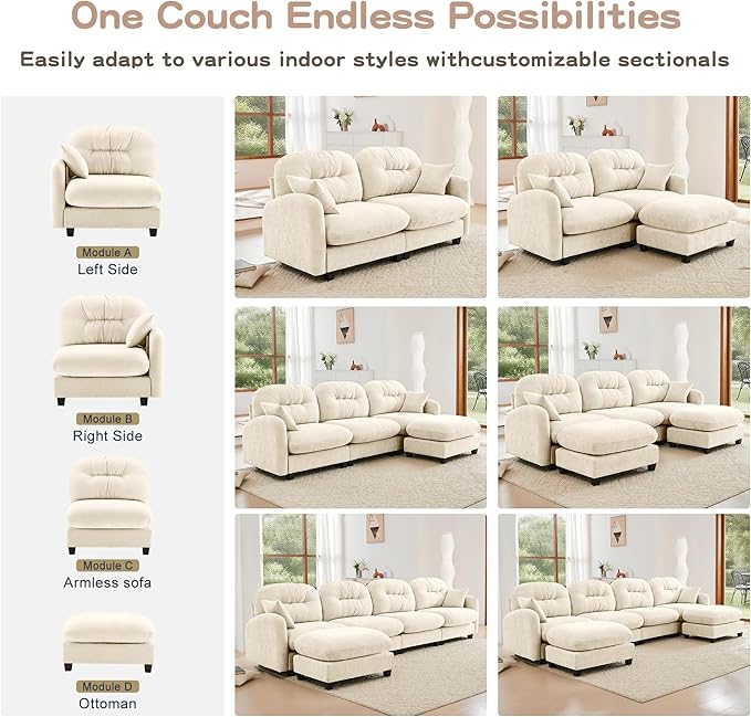 KEIKI 107" L-Shaped Oversized Chenille Modular Sectional Sofa with 1 Ottoman, High-Density Foam Cushions, Tufted Pleated Cushion Backrest, Modern 3-Seater Couch with 2 Pillow, for Living Room, Beige