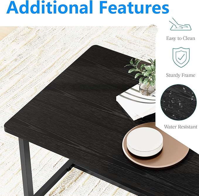Coffee Table Living Room, Modern Center Table Rectangular, Industrial Furniture, Sofa End Tables/Tea Table/Table Basse De Salon with Metal Black Frame Black Top