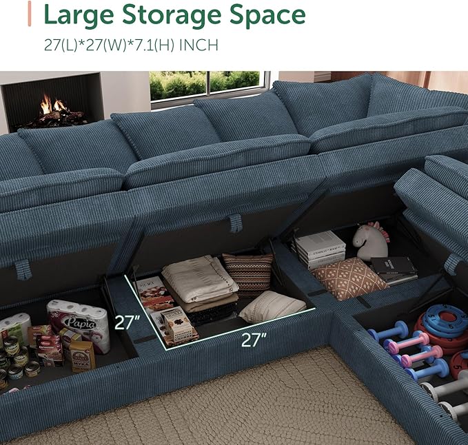 HONBAY Modular Sectional Sofa, 5 Seaters Corduroy Sectional Couch, L Shaped Sofa with Storage & Adjustable Backrest, Blue