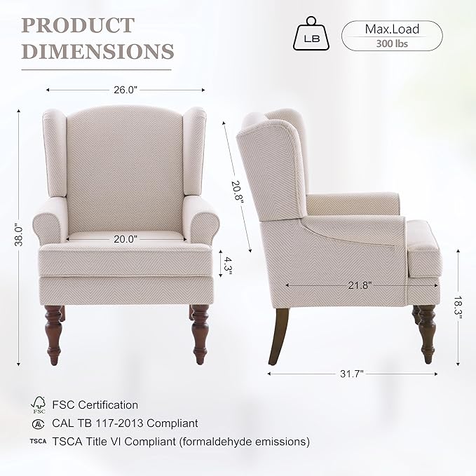 HUIMO Living Room Chair Upholstered High Back Armchair Retro Printed Wingback Chair in Linen for Bedroom & Study Comfy Accent Sofa Chair Reading Chair Holds 300lbs (2, Tan with Lines)