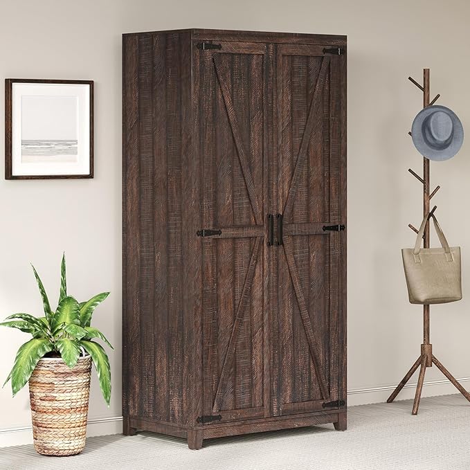 LUXOAK 70" Large Armoire Wardrobe Closet with Hanging Rod, Farmhouse Clothing Storage Cabinet with 2 Barn Doors, Wooden Tall Bedroom Armoires with Shelf, Espresso