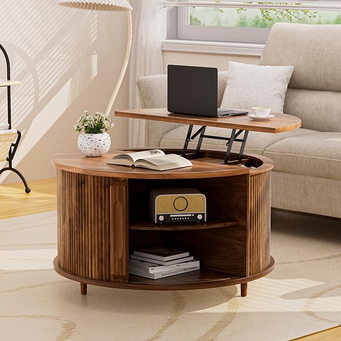 Round Lift Top Coffee Table, 31.5" Fluted Wood Lift Up Center Table with Sliding Door & Hidden Storage – Mid Century Modern Circle Coffee Table for Living Room, Home Office, Apartment (Walnut)